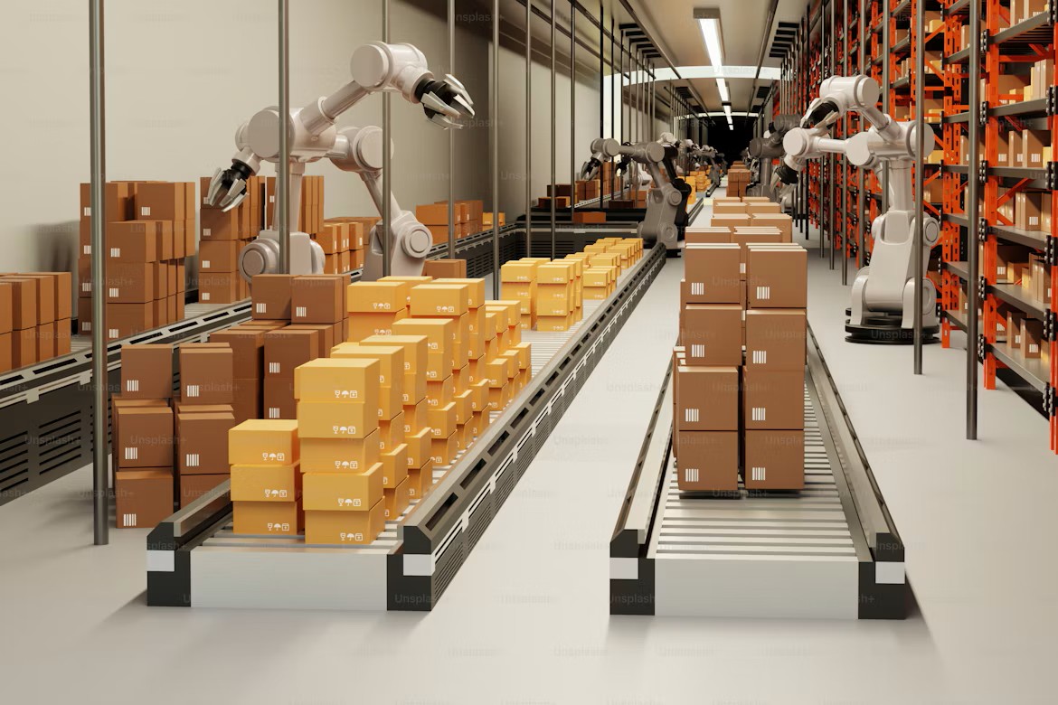 Automated packaging line with robotic arms and conveyor system